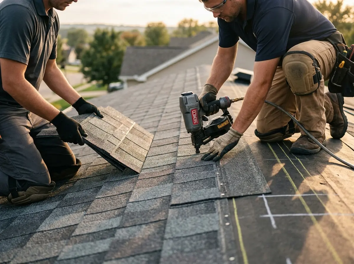 Professional roofer working on a residential roof in Moreau